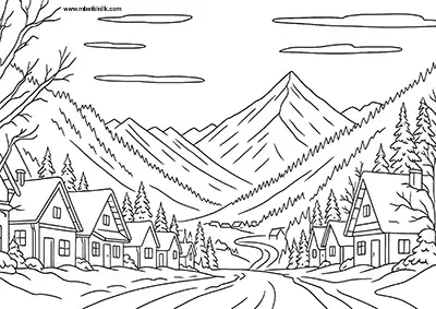 Karlı Dağ Eteğinde Kış Kasabası Boyama Sayfası