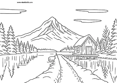 Karlı Dağ Gölü Kenarında Ahşap Ev Boyama Sayfası