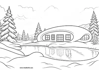 Karlı Göl Kenarında Modern Kış Evi Boyama Sayfası