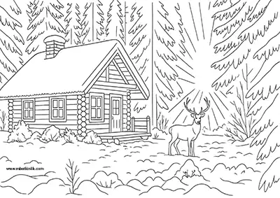 Karlı Ormanda Geyik ve Ahşap Kulübe Boyama Sayfası