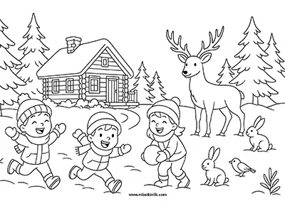 Karlı Ormanda Kar Topu Oynayan Çocuklar Boyama Sayfası
