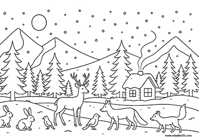 Karlı Ormanda Vahşi Hayvanlar ve Kulübe Boyama Sayfası