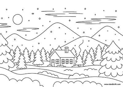Karlı Dağlar Arasında Kış Evi Boyama Sayfası
