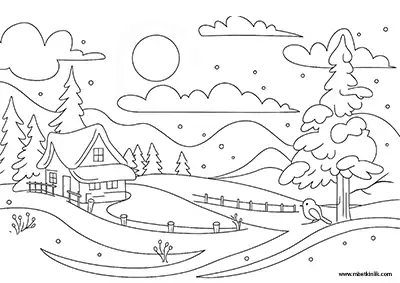 Karlı Tepelerde Kış Evi ve Kuş Boyama Sayfası