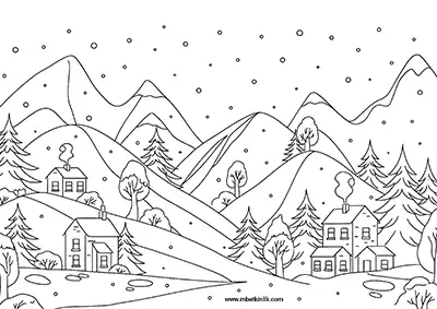 Karlı Dağlar Arasında Kış Köyü Boyama Sayfası