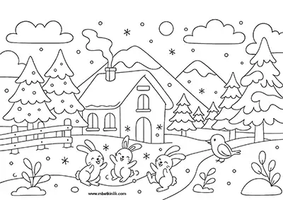 Karlı Bahçede Tavşanlar ve Kış Evi Boyama Sayfası