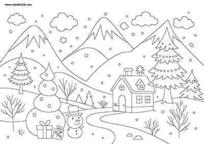 Karlı Dağlar Arasında Kardan Adamlı Kış Evi Boyama Sayfası