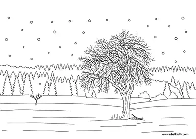 Karlı Ovaya Bakan Yaprak­sız Ağaç Boyama Sayfası