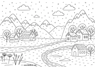 Karlı Dağlar Arasında Kış Köyü Manzarası Boyama Sayfası