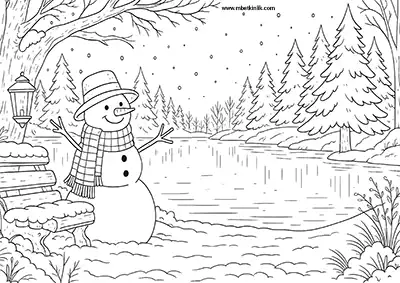 Karlı Göl Kenarında Kardan Adam Boyama Sayfası