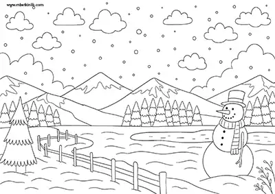 Karlı Dağlar Önünde Kardan Adam Boyama Sayfası