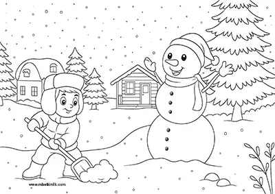 Karlı Bahçede Kardan Adam Yapan Çocuk Boyama Sayfası