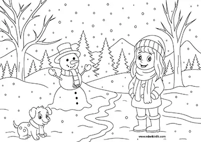 Karlı Ormanda Kardan Adam ve Çocuk Boyama Sayfası