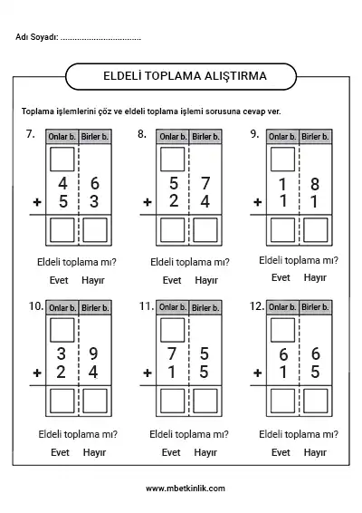 2. Sınıf Matematik – Eldeli Toplama Çalışma Sayfası