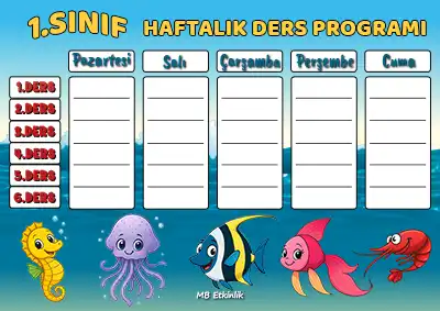 1. Sınıf Haftalık Ders Programı Şablonu – Deniz Canlıları Temalı