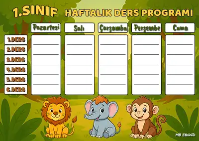1. Sınıf Haftalık Ders Programı Şablonu – Orman Temalı