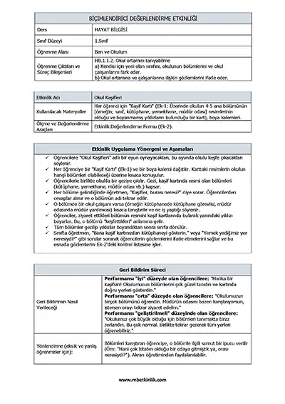 1. Sınıf Hayat Bilgisi - Okulumu Keşfediyorum Biçimlendirici Süreç Değerlendirme Etkinliği