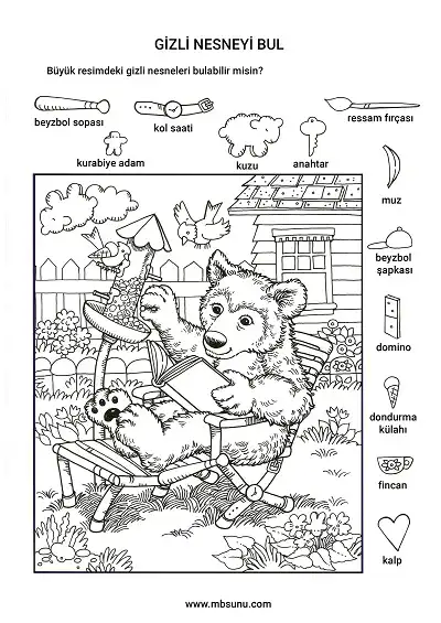 Çocuklar için Gizli Nesne Bulma Etkinliği – Bahçede Kitap Okuyan Ayı