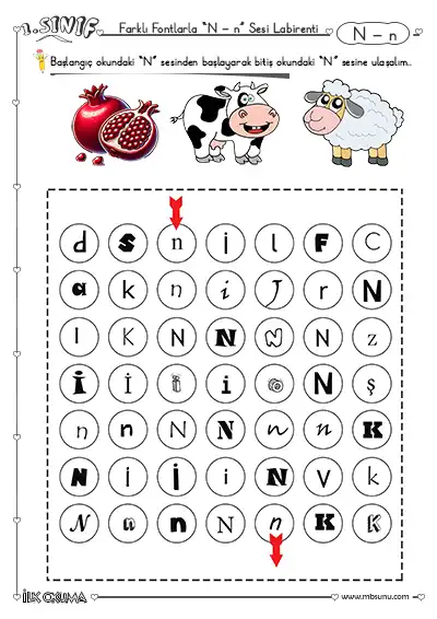1. Sınıf İlk Okuma N Sesi Labirent Etkinliği – Farklı Fontlarla