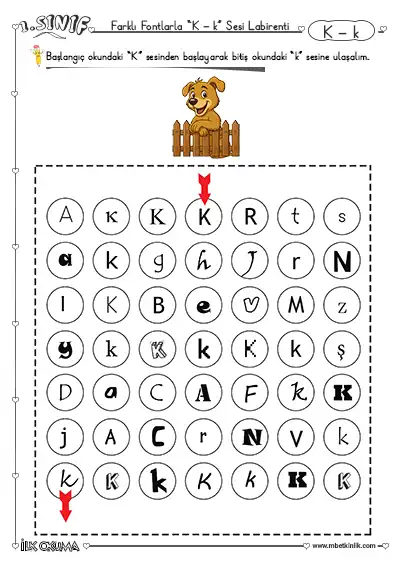 1. Sınıf İlk Okuma K Sesi Labirent Etkinliği – Farklı Fontlarla
