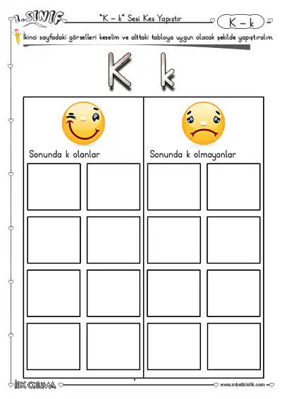 1. Sınıf İlk Okuma K Sesi Kes Yapıştır Etkinliği – Görselleri Tabloya Yerleştir