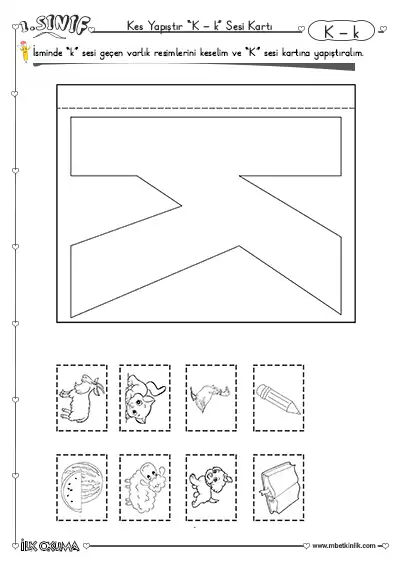 1. Sınıf İlk Okuma K Sesi Kes Yapıştır Kart Etkinliği