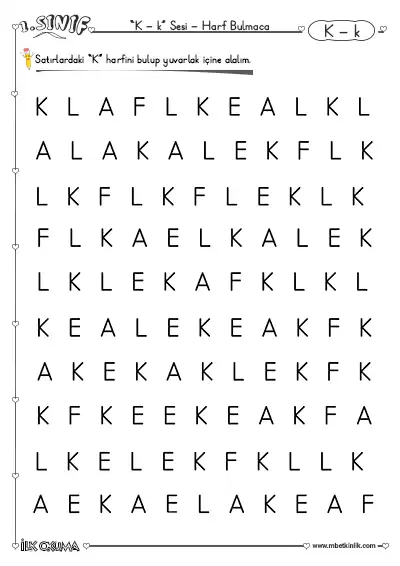 1. Sınıf İlk Okuma K Sesi Harf Bulmaca Etkinliği