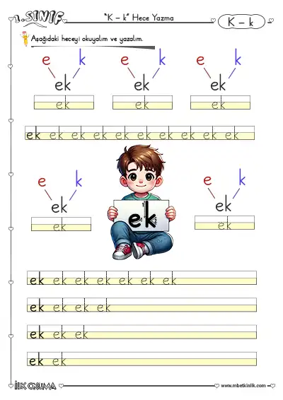 1. Sınıf İlk Okuma K Sesi Hece Yazma Etkinlikleri – 6 Sayfa