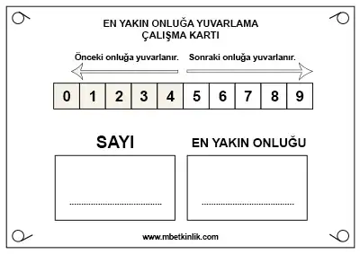 3. Sınıf Matematik – En Yakın Onluğa Yuvarlama Yaz-Sil Çalışma Kartı